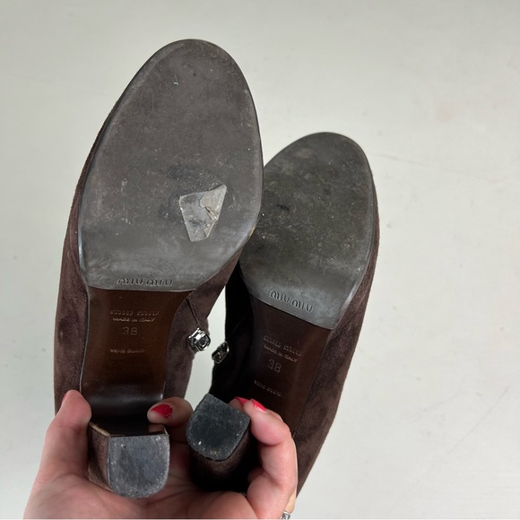 MIU MIU- Suede Booties Brown Heeled Designer Classic Leather Ankle - Picture 6 of 9